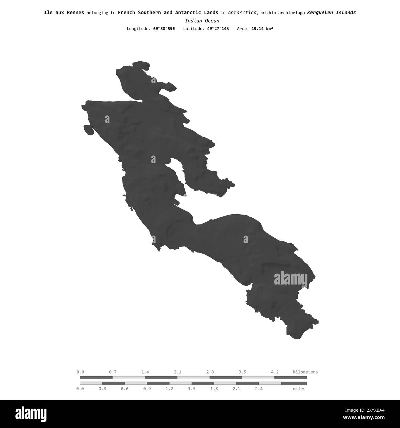 Ile aux Rennes in the Indian Ocean, belonging to French Southern and Antarctic Lands, isolated on a bilevel elevation map, with distance scale Stock Photo