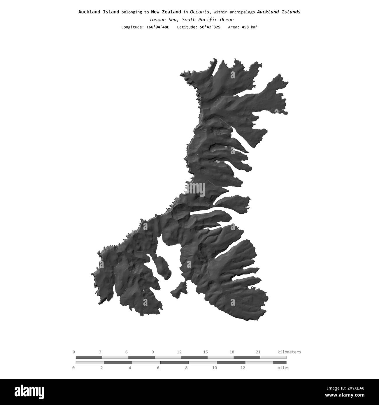 Auckland Island in the Tasman Sea, belonging to New Zealand, isolated on a bilevel elevation map, with distance scale Stock Photo