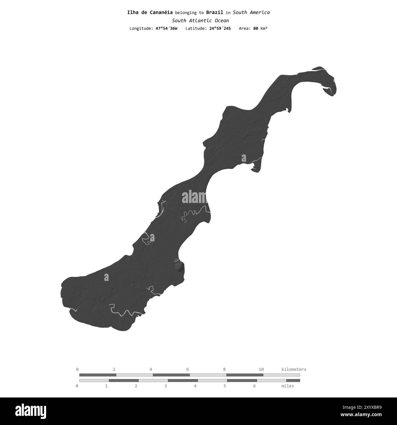 Ilha de Cananeia in the South Atlantic Ocean, belonging to Brazil, isolated on a bilevel elevation map, with distance scale Stock Photo
