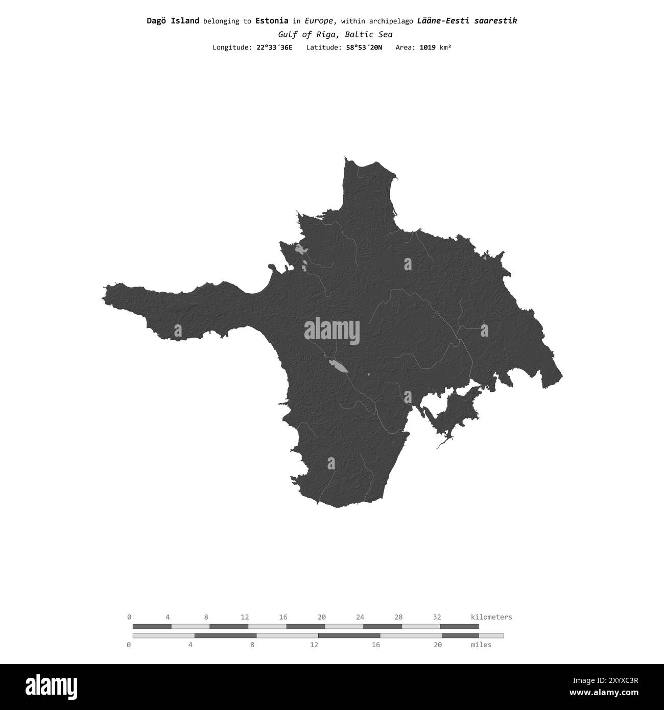 Dago Island in the Baltic Sea, belonging to Estonia, isolated on a bilevel elevation map, with distance scale Stock Photo