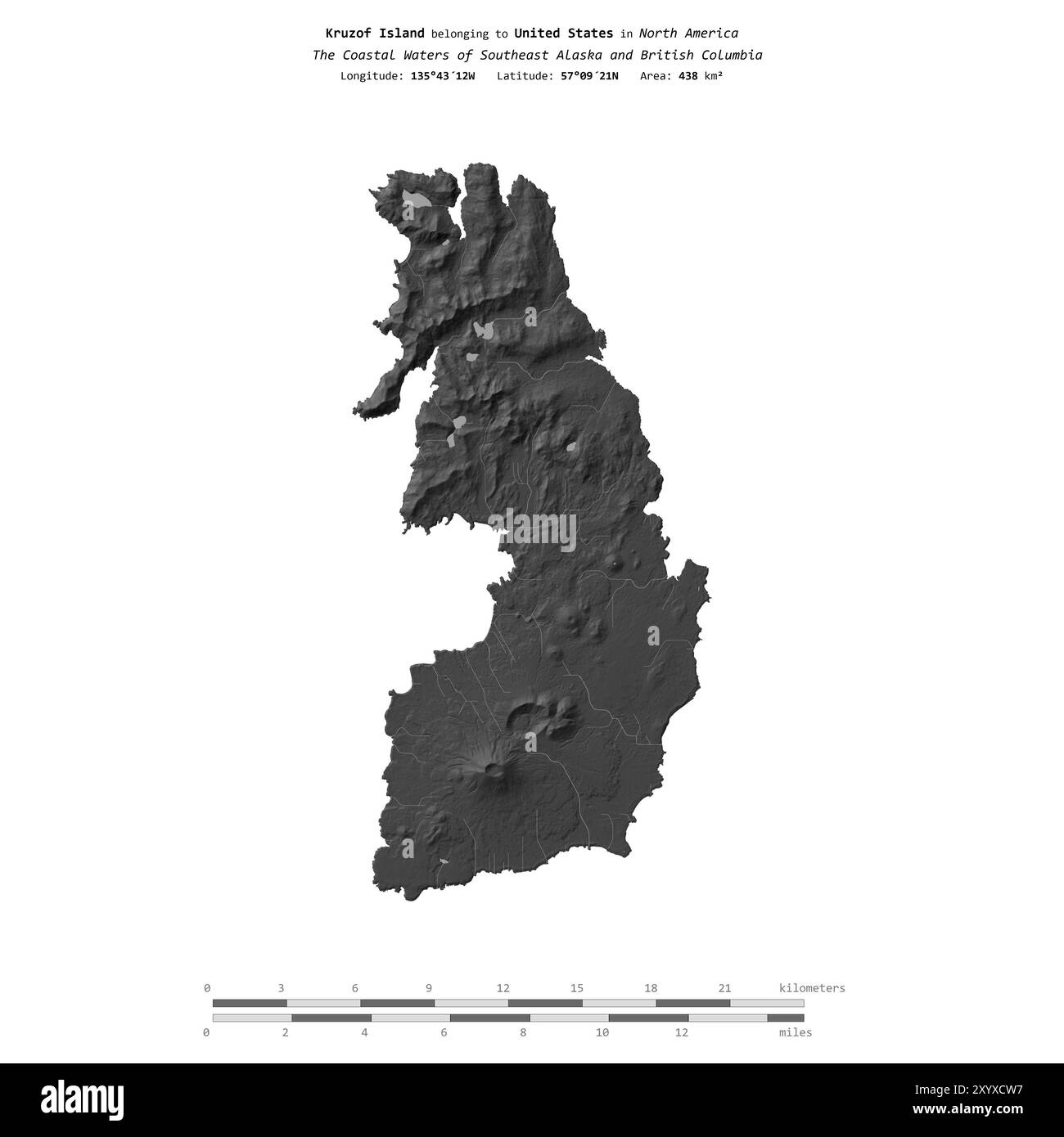 Kruzof Island in the The Coastal Waters of Southeast Alaska and British Columbia, belonging to United States, isolated on a bilevel elevation map, wit Stock Photo