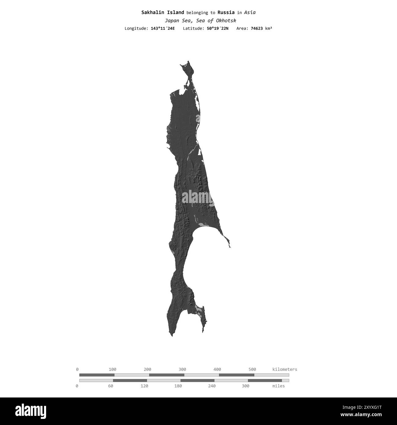 Sakhalin Island in the Japan Sea, belonging to Russia, isolated on a bilevel elevation map, with distance scale Stock Photo