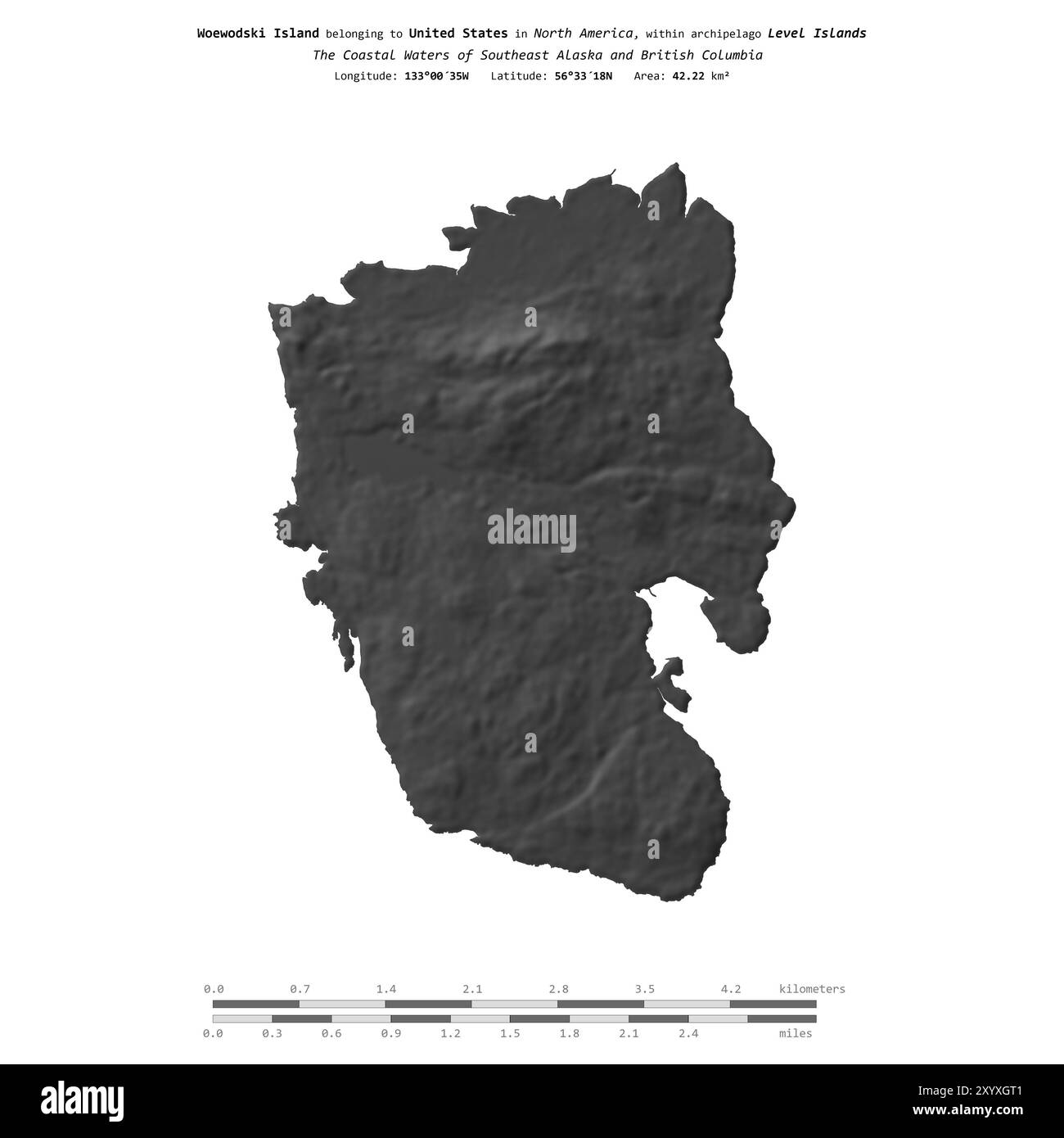 Woewodski Island in the The Coastal - Woewodski Island In The The Coastal Waters Of Southeast Alaska And British Columbia Belonging To United States Isolated On A Bilevel Elevation Map 2XYXGT1 