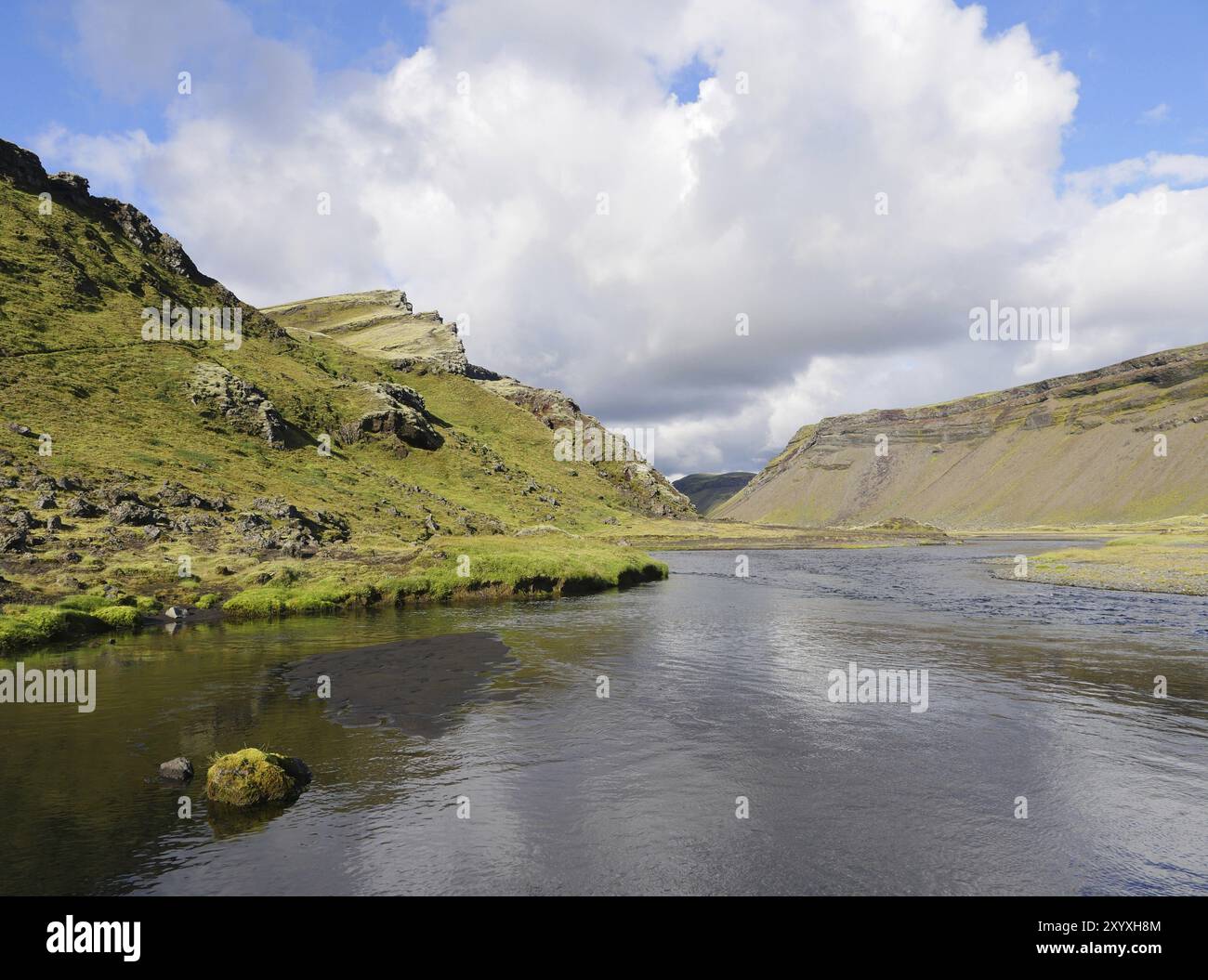 Landscape in the Eldgja gorge with the river Ofaera Stock Photo