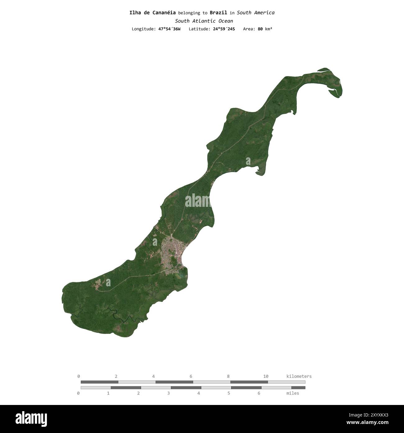 Ilha de Cananeia in the South Atlantic Ocean, belonging to Brazil, isolated on a satellite image taken in August 7, 2023, with distance scale Stock Photo