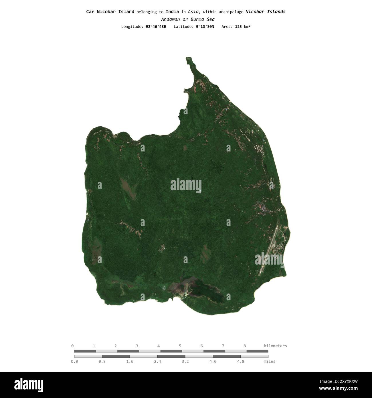 Car Nicobar Island in the Andaman or Burma Sea, belonging to India, isolated on a satellite image taken in December 22, 2017, with distance scale Stock Photo