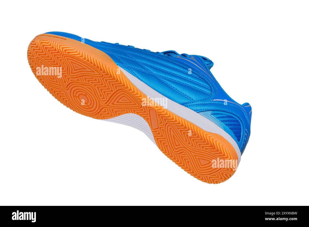 Blue leather sneaker with polyurethane sole on a white background. Stock Photo