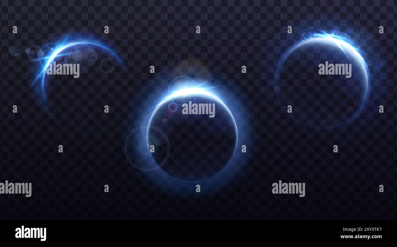 Edge Eclipse illustration. Sun edge eclipse with blue rays and sun beams on dark ...