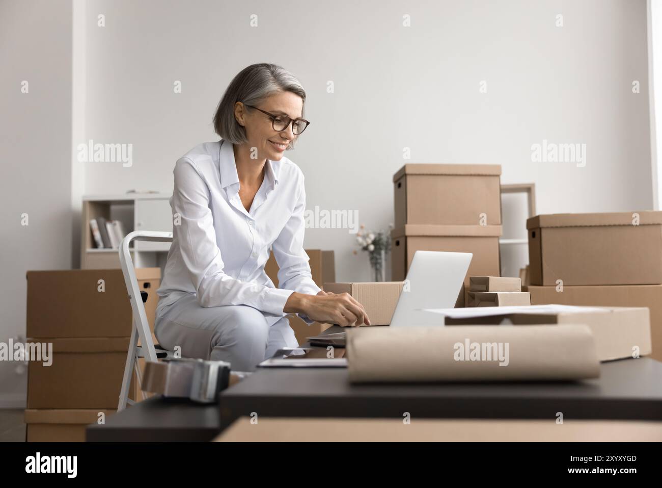 Logistics manager working on laptop, processing shipments, update inventory Stock Photo