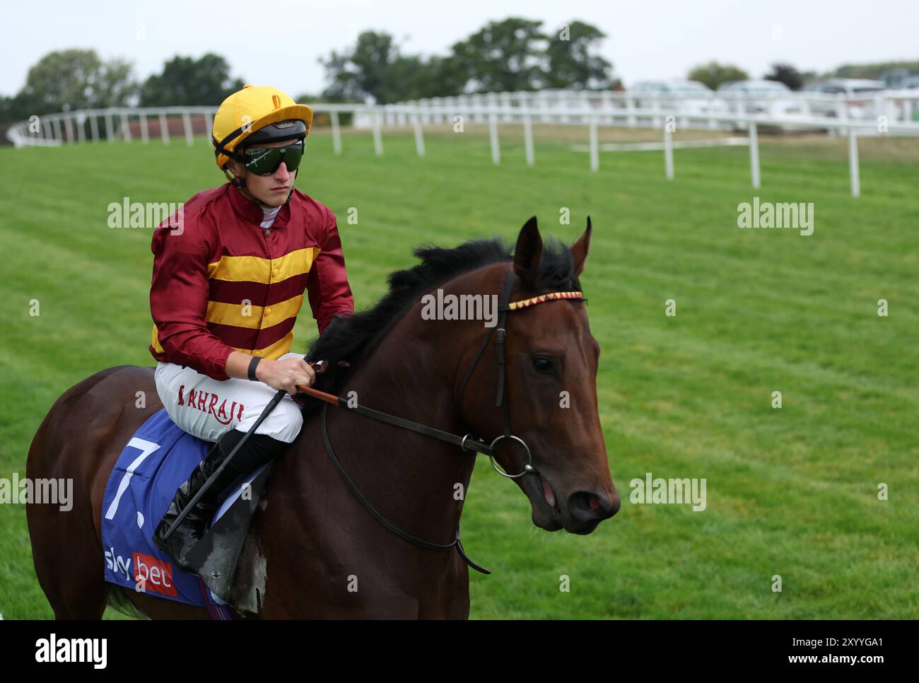 Victory Sound ridden by Tom Marquand ahead of the Sky Bet Solario Stakes at Sandown Racecourse. Picture date: Saturday August 31, 2024. Stock Photo