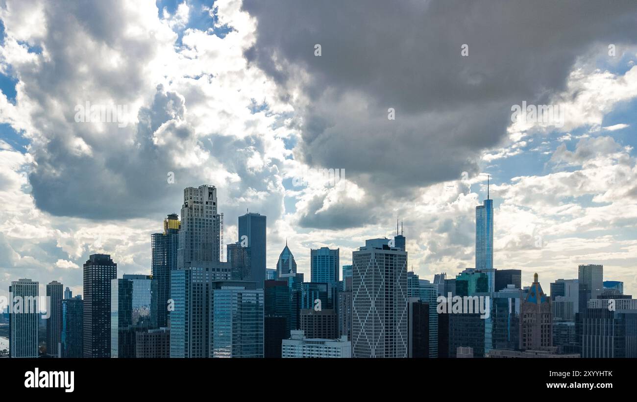 Chicago skyline aerial drone view from above, city of Chicago downtown skyscrapers and lake Michigan cityscape, Illinois, USA Stock Photo