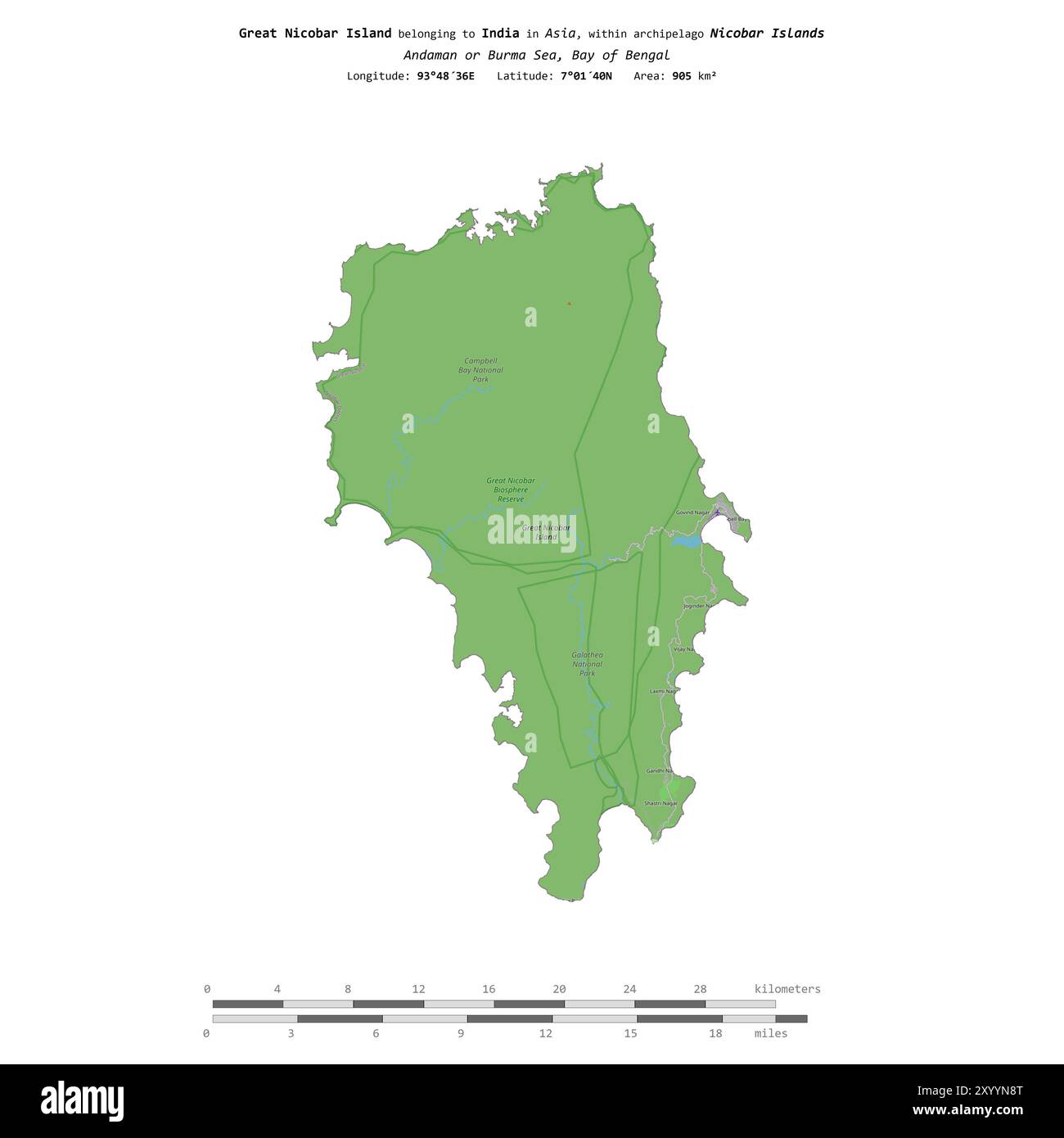 Great Nicobar Island in the Bay of Bengal, belonging to India, isolated on a topographic, OSM standard style map, with distance scale Stock Photo