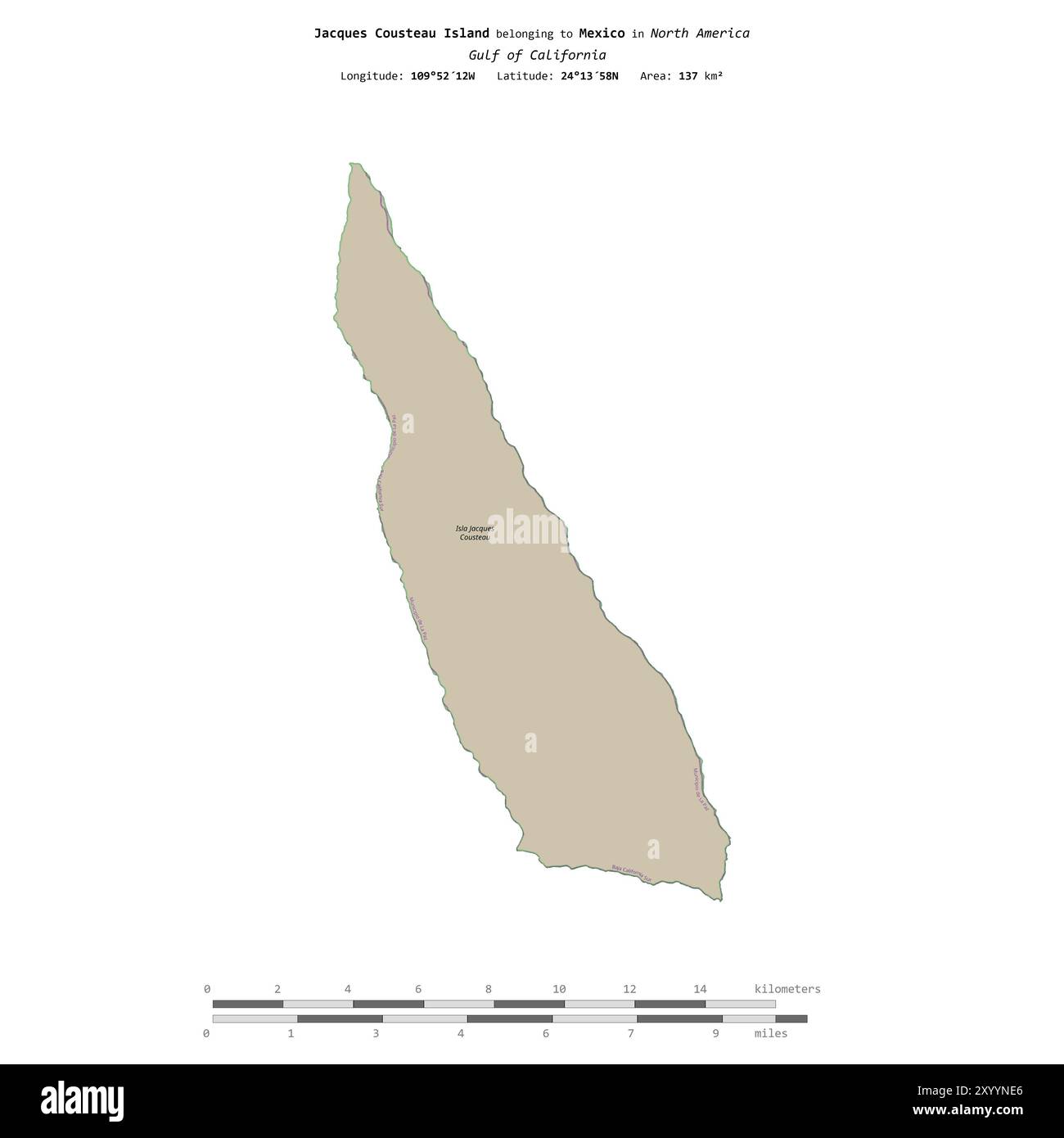 Isla jacques cousteau hi res stock - Jacques Cousteau Island In The Gulf Of California Belonging To Mexico Isolated On A Topographic Osm Standard Style Map With Distance Scale 2XYYNE6