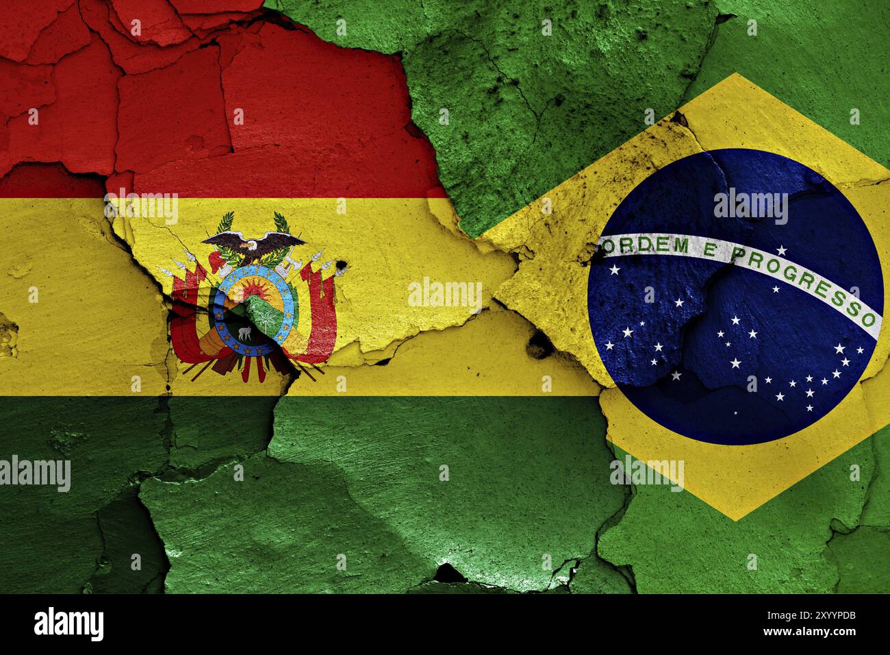 Flags of Bolivia and Brazil painted on cracked wall Stock Photo - Alamy