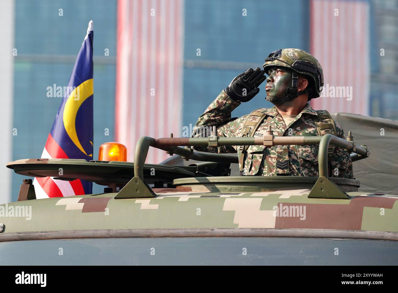 Kuala Lumpur, Malaysia. 31st Aug, 2024. Malaysian soldier salutes during the 67th National Day celebrations parade in Putrajaya. Hari Merdeka (Independence Day) is a national day of Malaysia. It commemorates the independence of the Federation of Malaya from the British colonial rule. Credit: SOPA Images Limited/Alamy Live News Stock Photo