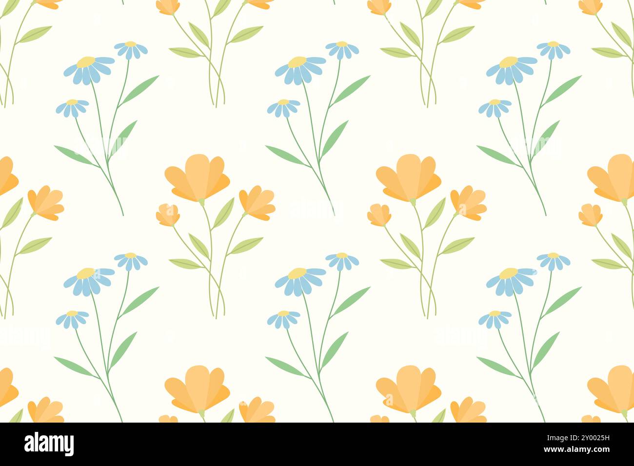 A repeating pattern featuring stylized orange and blue flowers with green leaves on a white background. Stock Vector