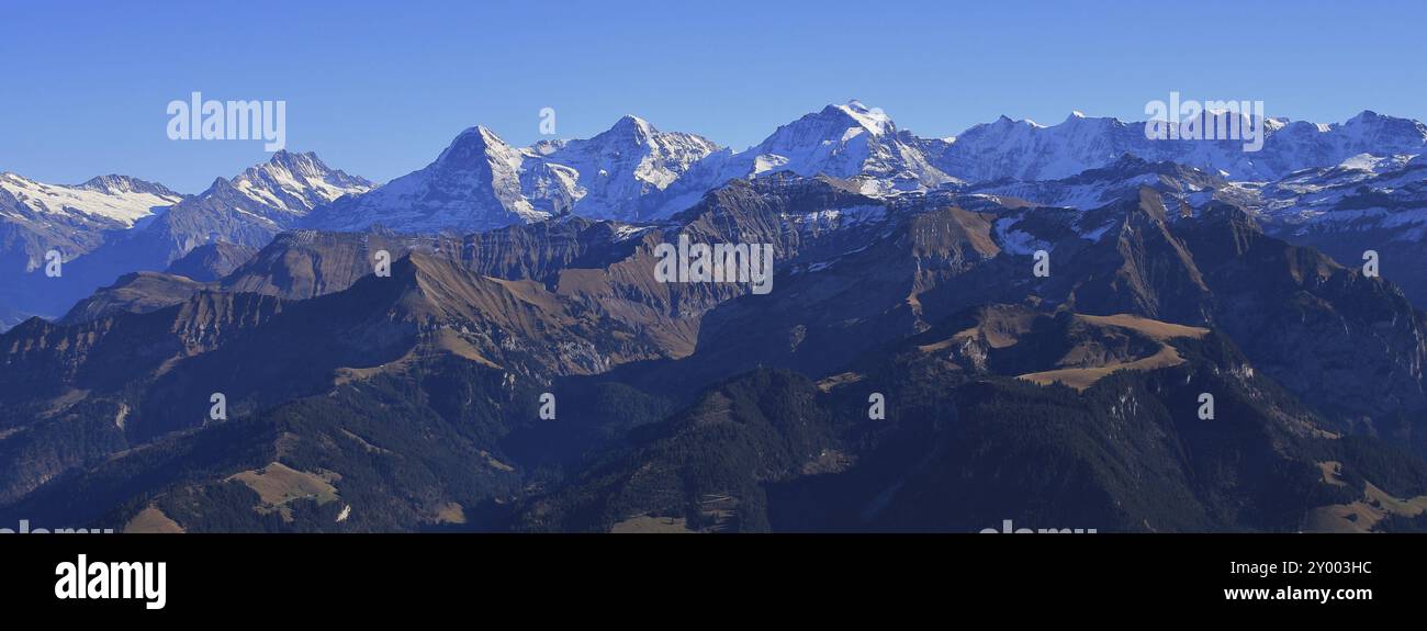 Famous mountains Eiger, Monch and Jungfrau. View from mount Niesen ...