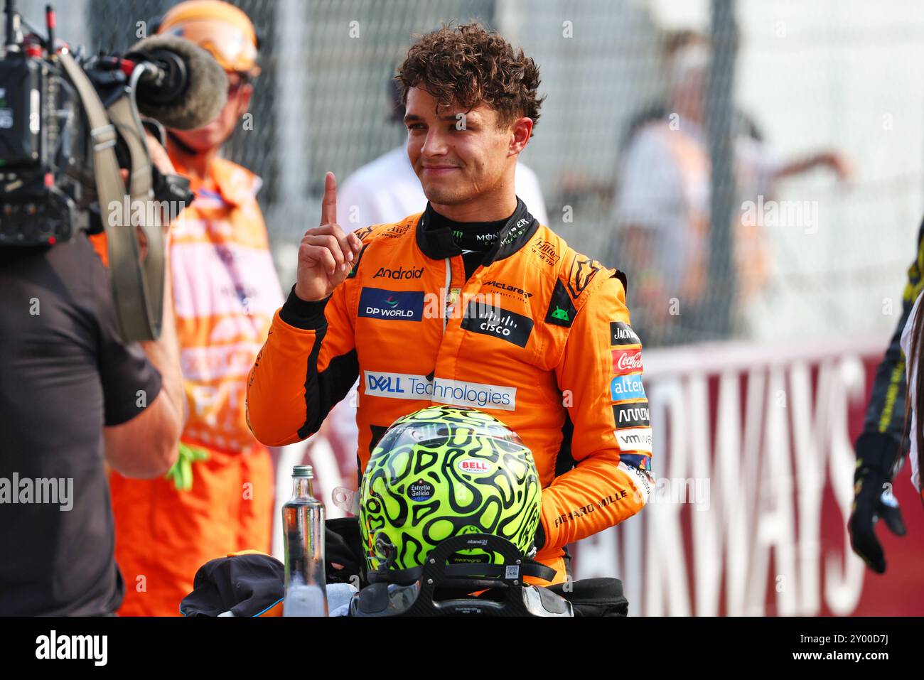 Lando Norris (GBR) McLaren celebrates his pole position in qualifying