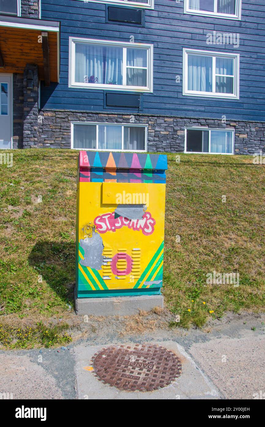 Crayola crayons mural on electrical traffic control box in St. John's, Newfoundland & Labrador, Canada Stock Photo