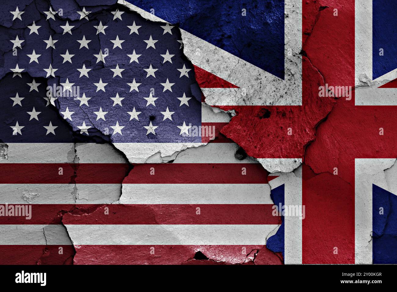 Flags of United States of America and UK painted on cracked wall Stock ...