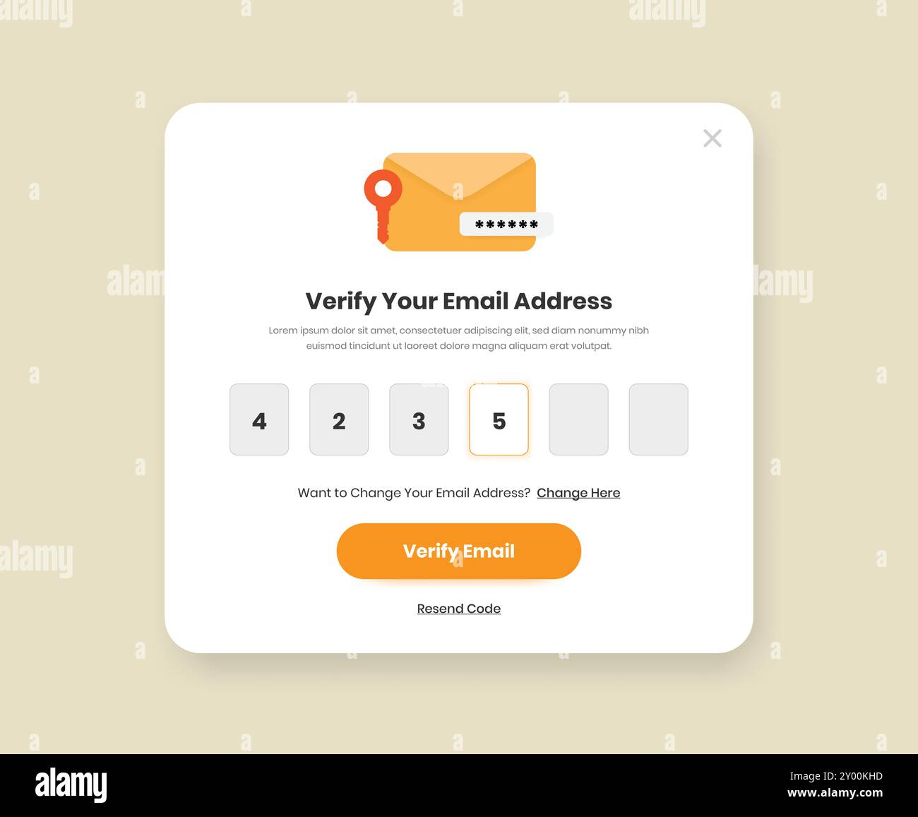 Email OTP verification popup screen with illustration for mobile and web interface kit Stock Vector