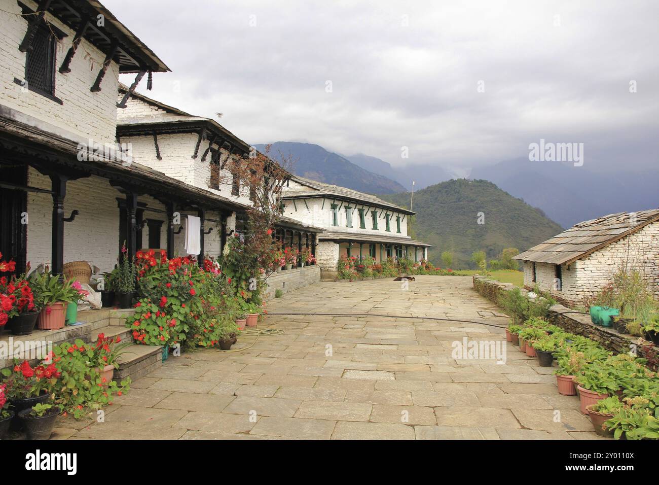 Row of old houses in Ghandruk, village near Pokhara, Nepal, Asia Stock Photo