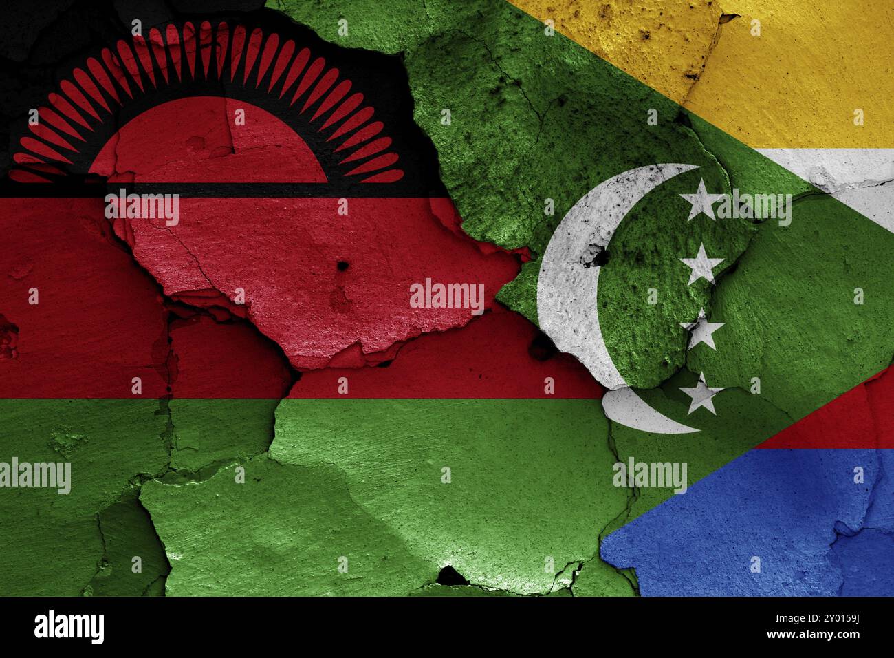 Flags of Malawi and Comoros painted on cracked wall Stock Photo - Alamy