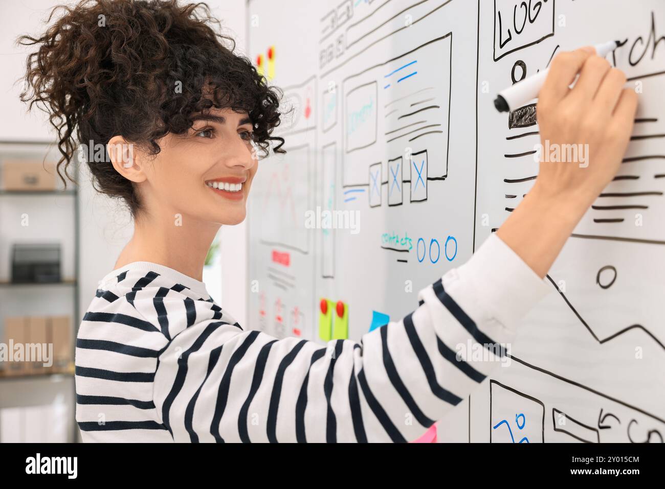 Developing UI design. Woman drawing website wireframe on whiteboard indoors Stock Photo