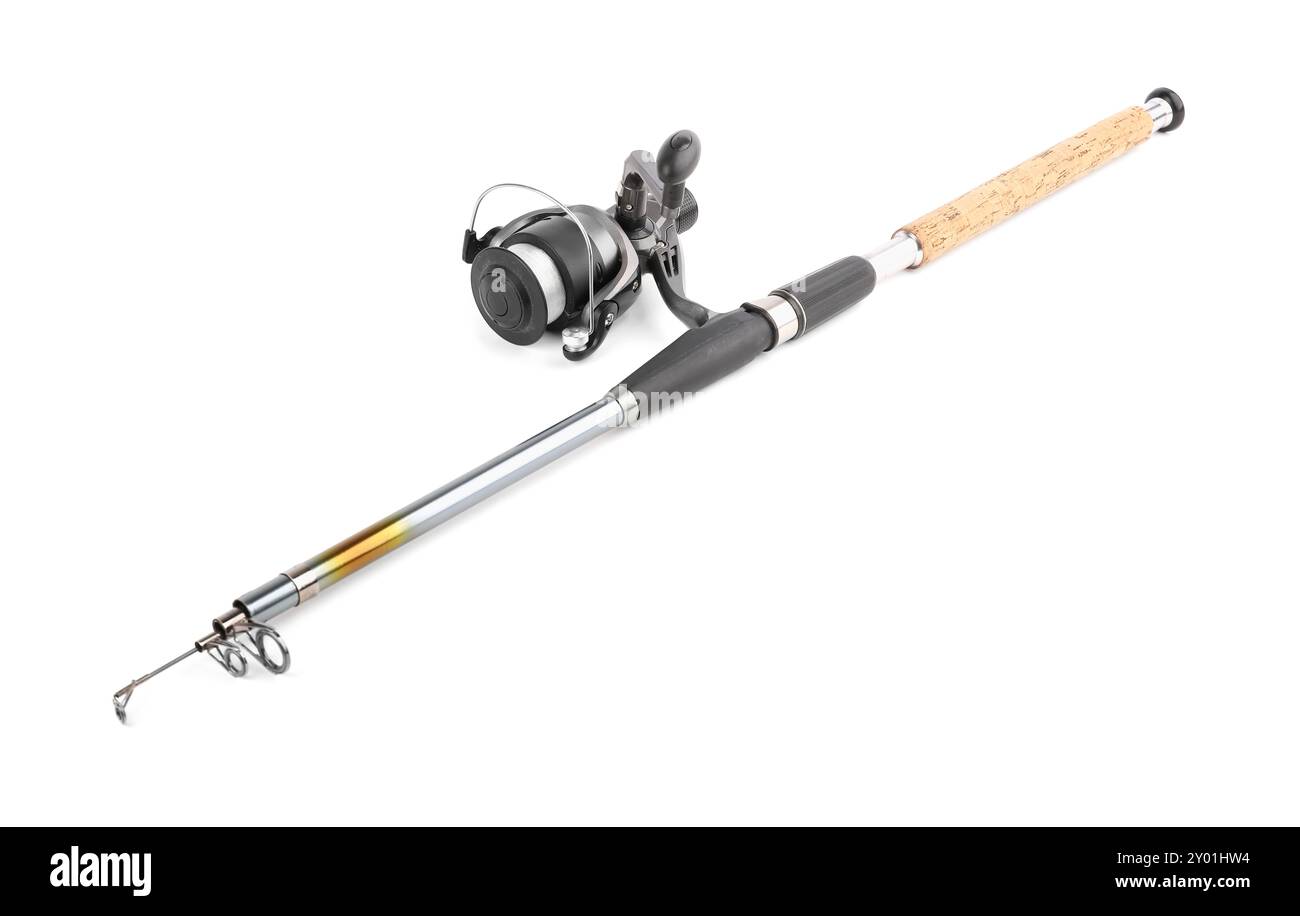 Fishing spinning with reel isolated on white Stock Photo