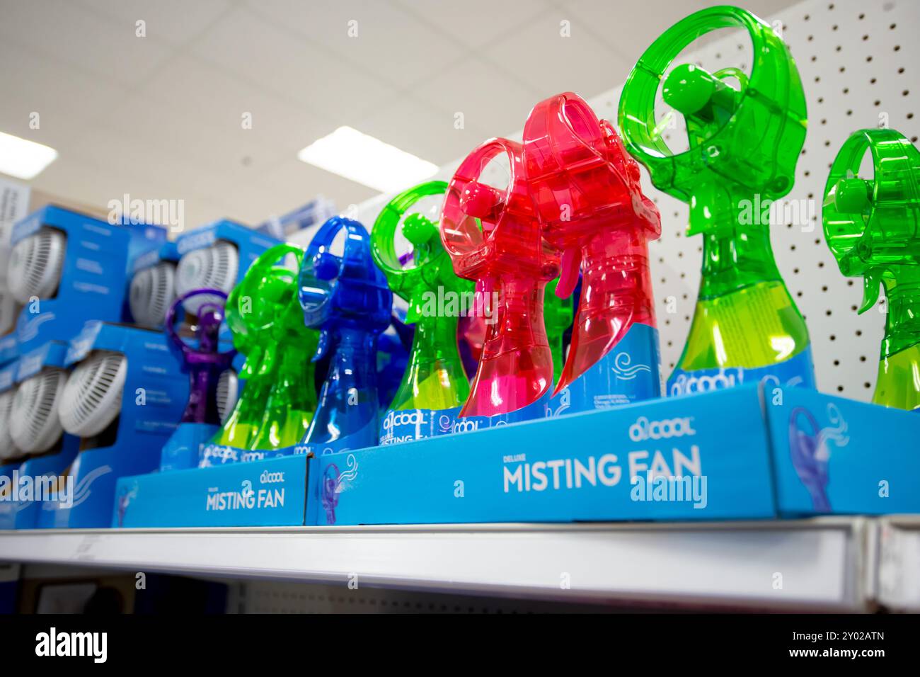 Los Angeles, California, United States - 05-20-2022: A view of several units of O2Cool misting fan devices, on display at a local department store. Stock Photo