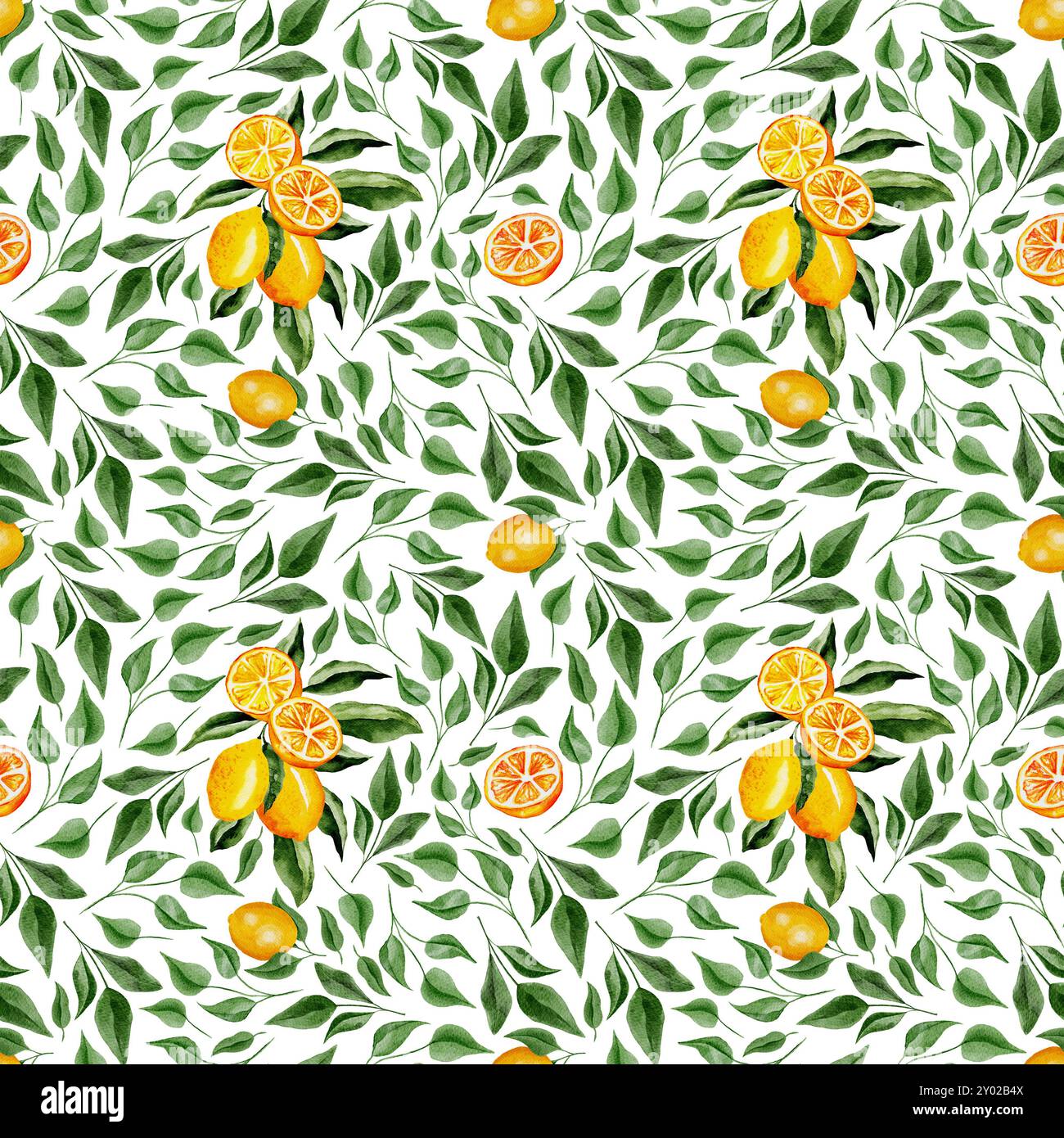 Yellow Lemons Fruit with Green Watercolor Small Leaves Seamless Pattern ...