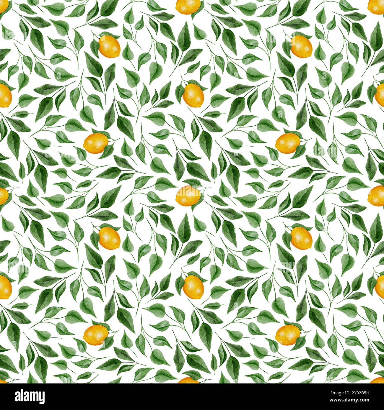 Yellow Lemons Fruit with Green Watercolor Small Leaves Seamless Pattern ...