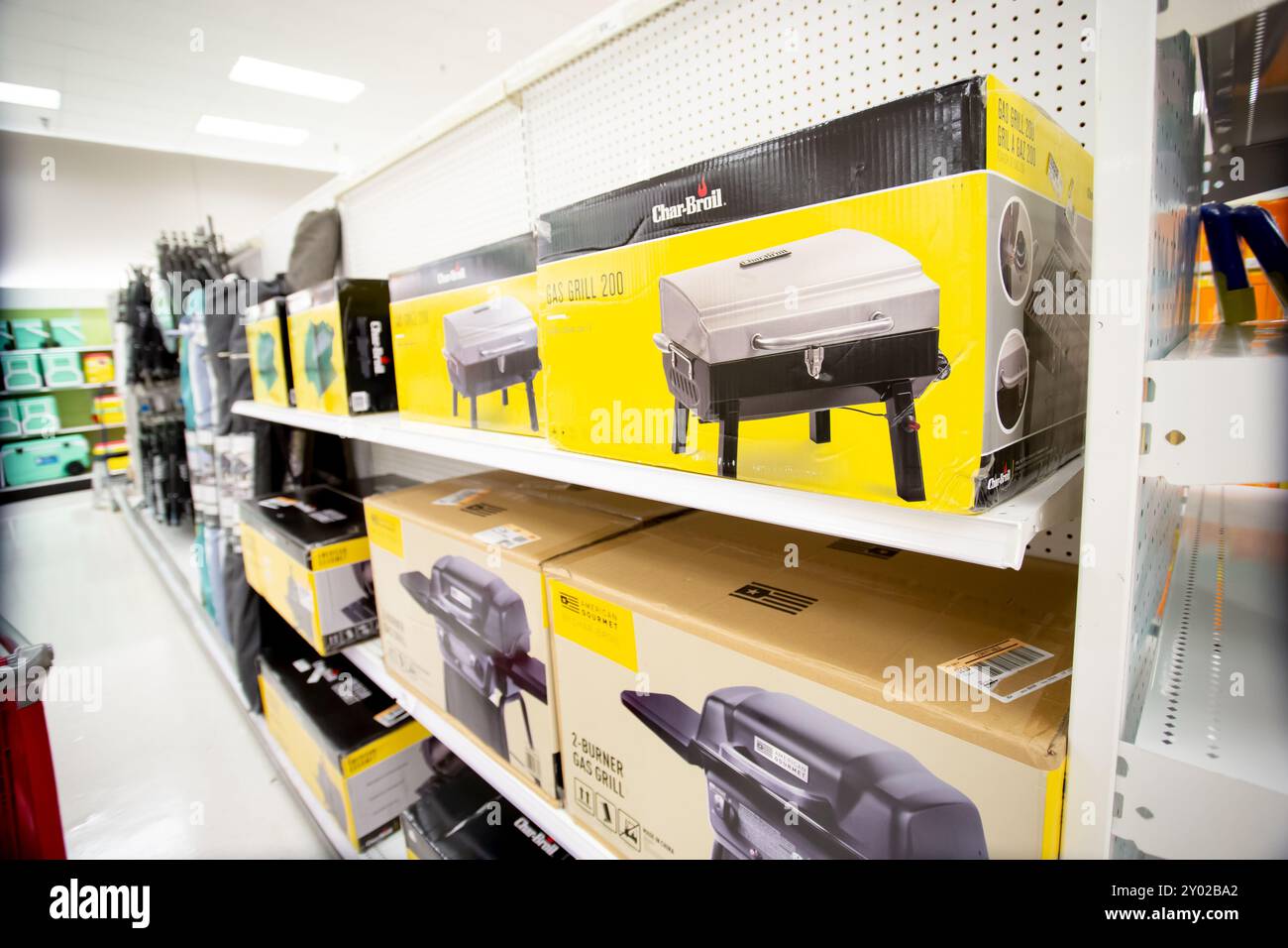 Los Angeles, California, United States - 05-20-2022: A view of several shelves dedicated to small sized gas grills, at the store. Stock Photo