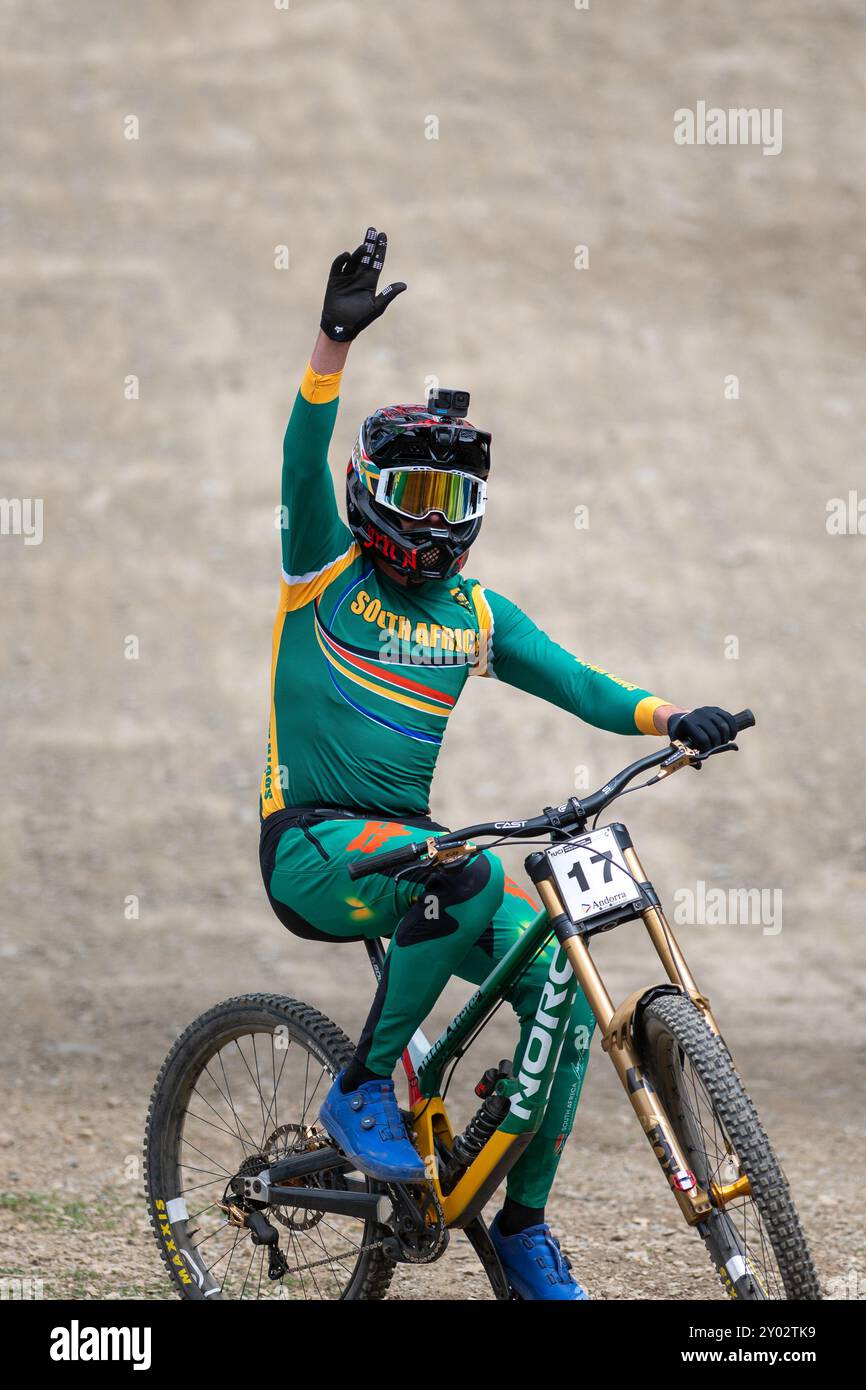 Pal Arinsal, Andorra : August 31 2024 : Last descent in the world cups for Greg Minnaar of South Africa  in the UCI Mountain Bike World Championships Stock Photo