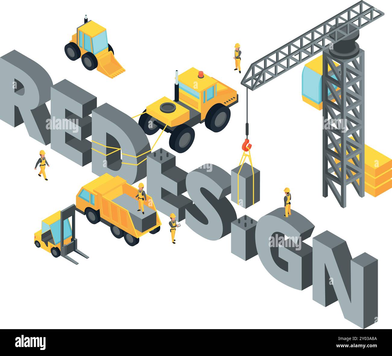 Redesign concept. Isometric construction site with heavy machinery Stock Vector