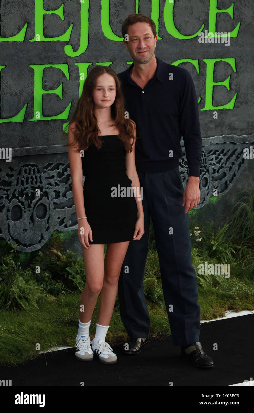 London, UK. Ebon MossBachrach and family at the Beetlejuice