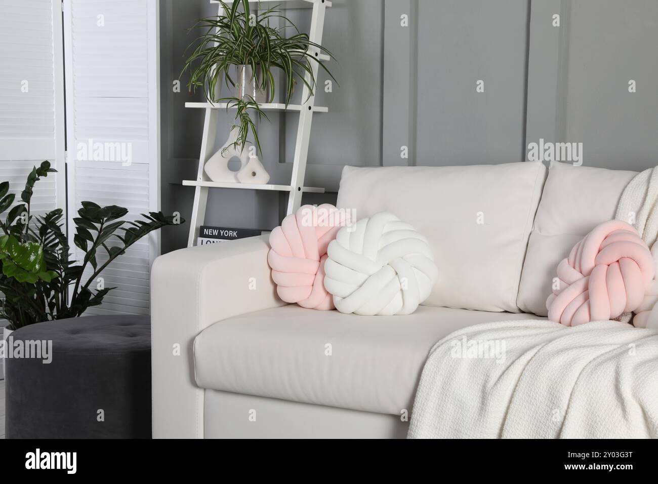 Beautiful living room interior with cozy sofa Stock Photo - Alamy