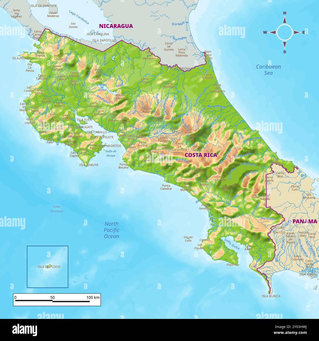 Morocco physical map with national borders, rivers and lakes, mountains ...