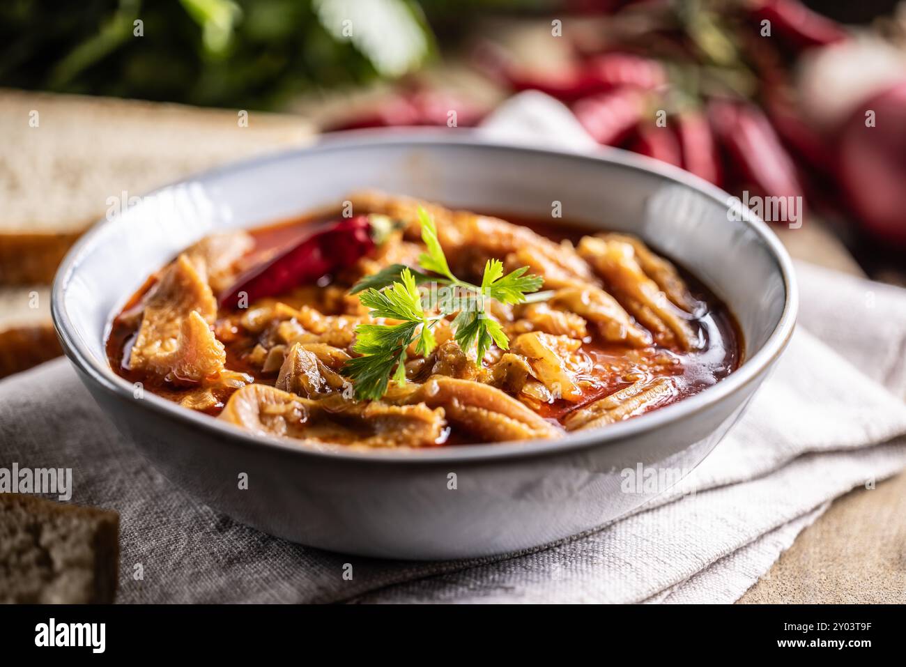 Tasty soup or stew made of beef tripe and spices. Spicy and aromatic tripe soup seasoned with pepper and served with bread. Stock Photo
