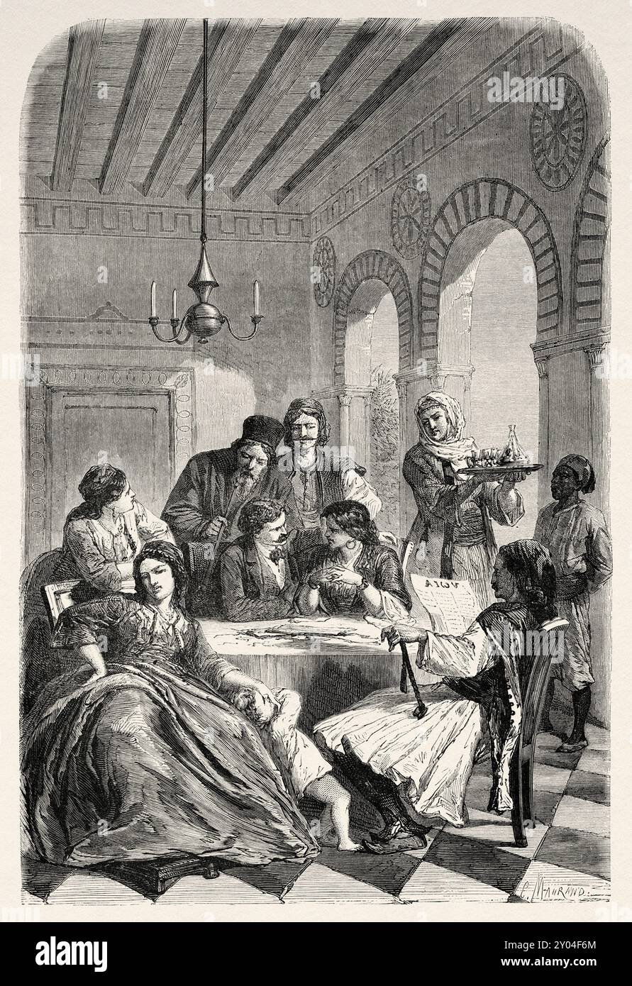 Interior of a Greek family home, Greece, drawing by Proust from A ...