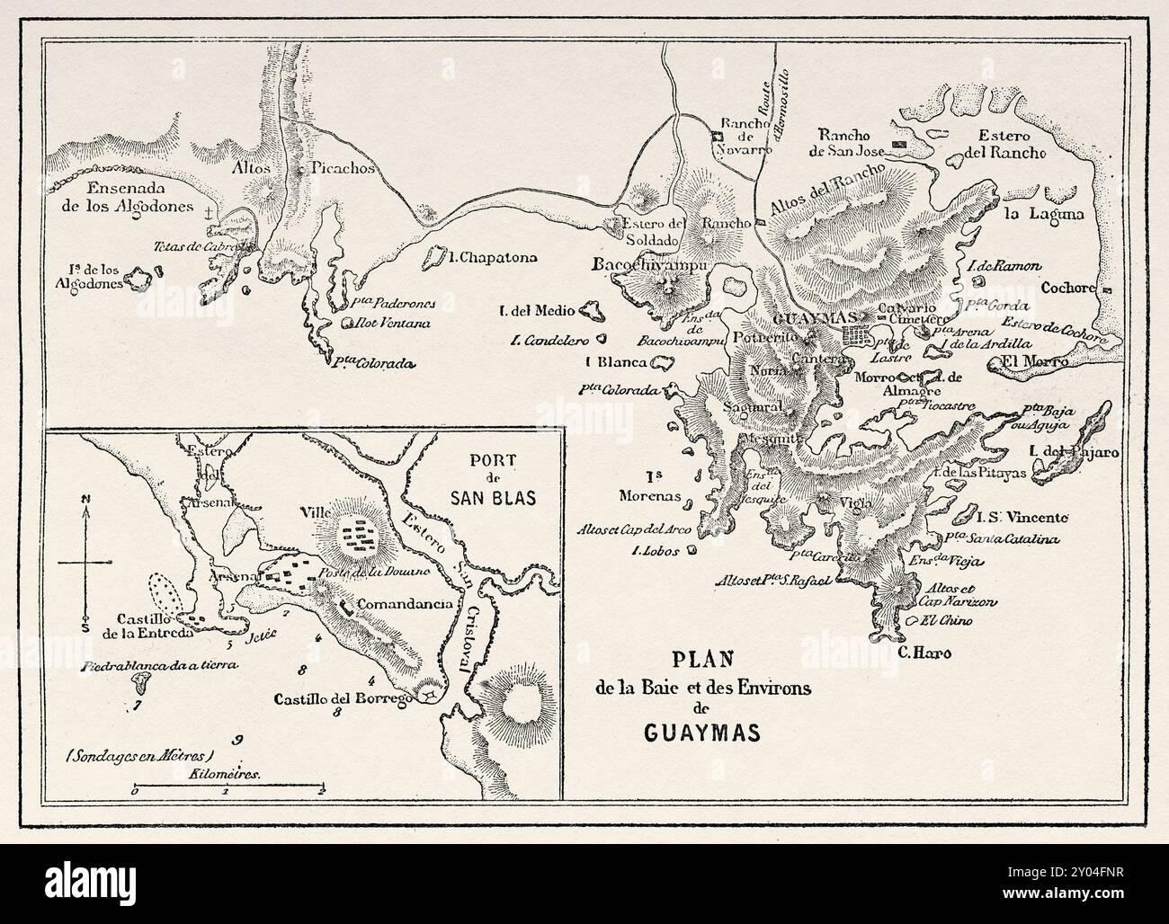 Old Map of the bay and surroundings of Guaymas, Mexican state of Sonora, Mexico. Travel in Mexico, 1854-1855 by Ernest Vigneaux. Le Tour du Monde 1862 Stock Photo