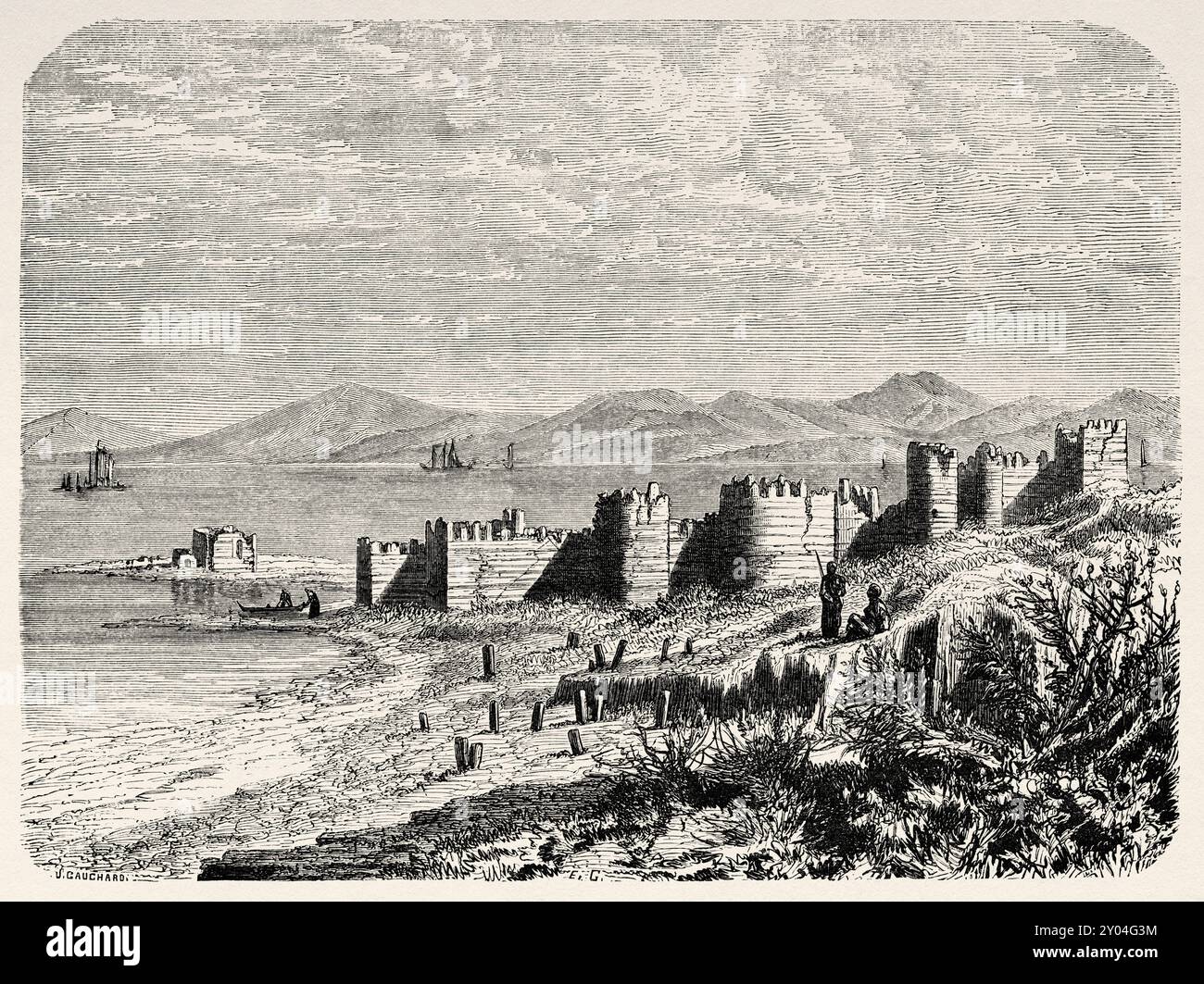 Old view of the city of Yumurtalık, Adana Province, Turkey, drawing by Eugene Grandsire (1825 - 1905) Journey to Cilicia and the Taurus Mountains, 1852-1853 by Victor Langlois (1829 - 1869) Le Tour du Monde 1862 Stock Photo