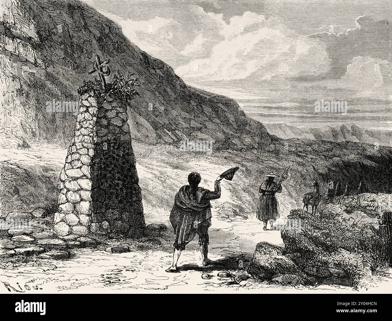 Apachita, transit point for an important pass on the main routes of the Andes and for a cairn also a small pile of rocks built along the trail in the high mountains, Peru, South America. Travel across South America from the Pacific Ocean to the Atlantic Ocean, 1848-1960 by Paul Marcoy (1815 - 1887) First stage, from Islay to Arequipa, Peru.  Le Tour du Monde 1862 Stock Photo