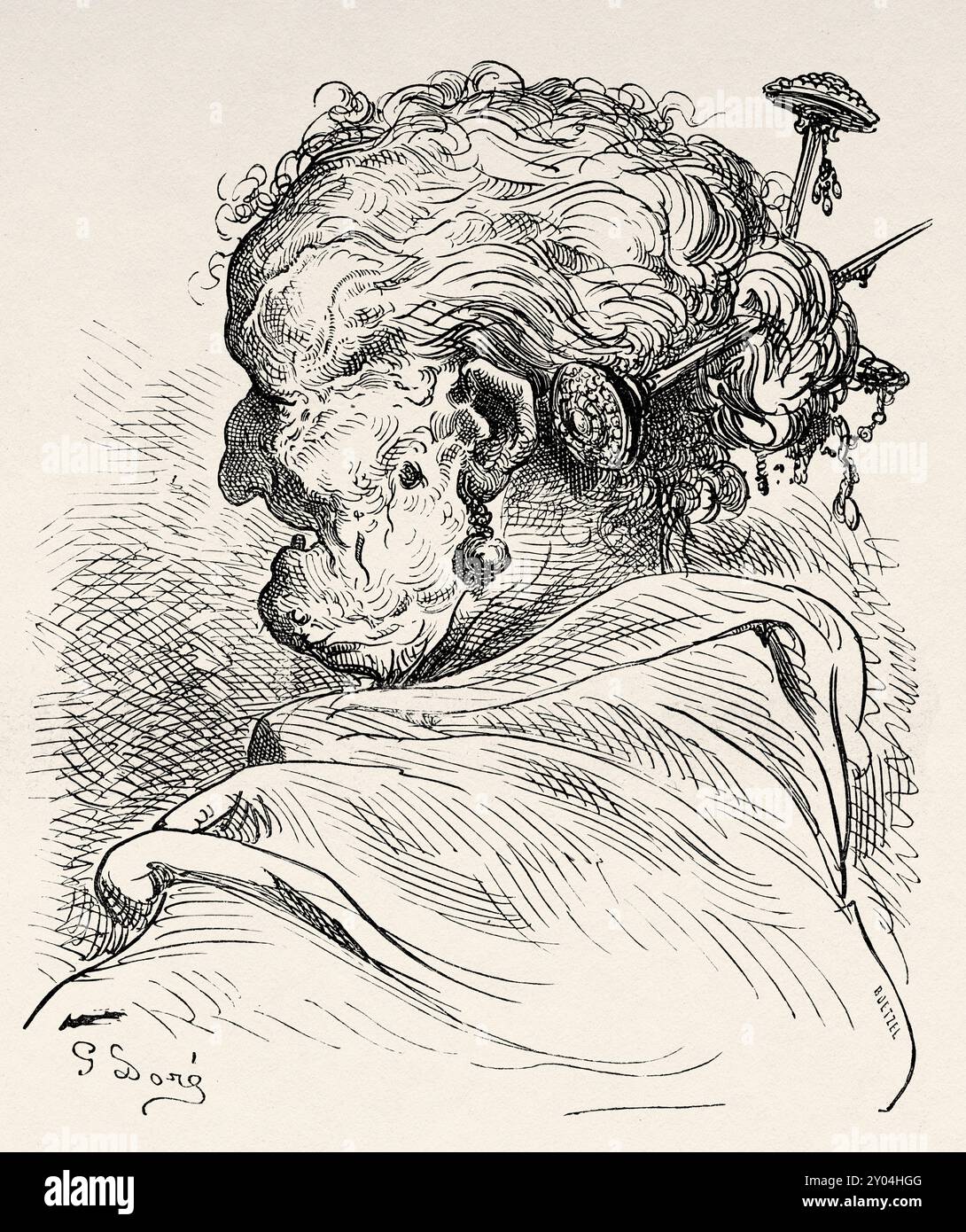 An old Valencian woman, Comunidad Valenciana. Journey to Spain, 1862 by Jean Charles Davillier (1823-1883) Drawing by Gustave Dore (1832-1883) Le Tour du Monde 1862 Stock Photo