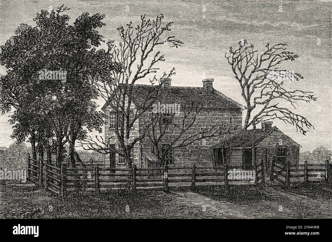 Jail in which mormon prophet Joseph Smith was impresioned and murdered, Carthage. Illinois state, United States of America, drawing by Francois Fortune Ferogio (1805-1888) Journey to the City of Saints, 1860. Capital of the country of the Mormons by Richard Francis Burton (1821-1890) Le Tour du Monde 1862 Stock Photo