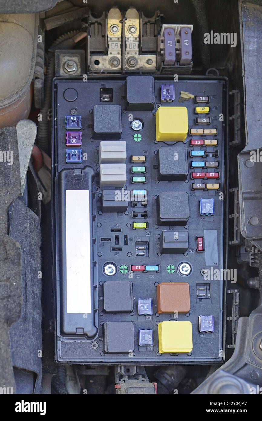 Car fuse box with relayes and fuses Stock Photo