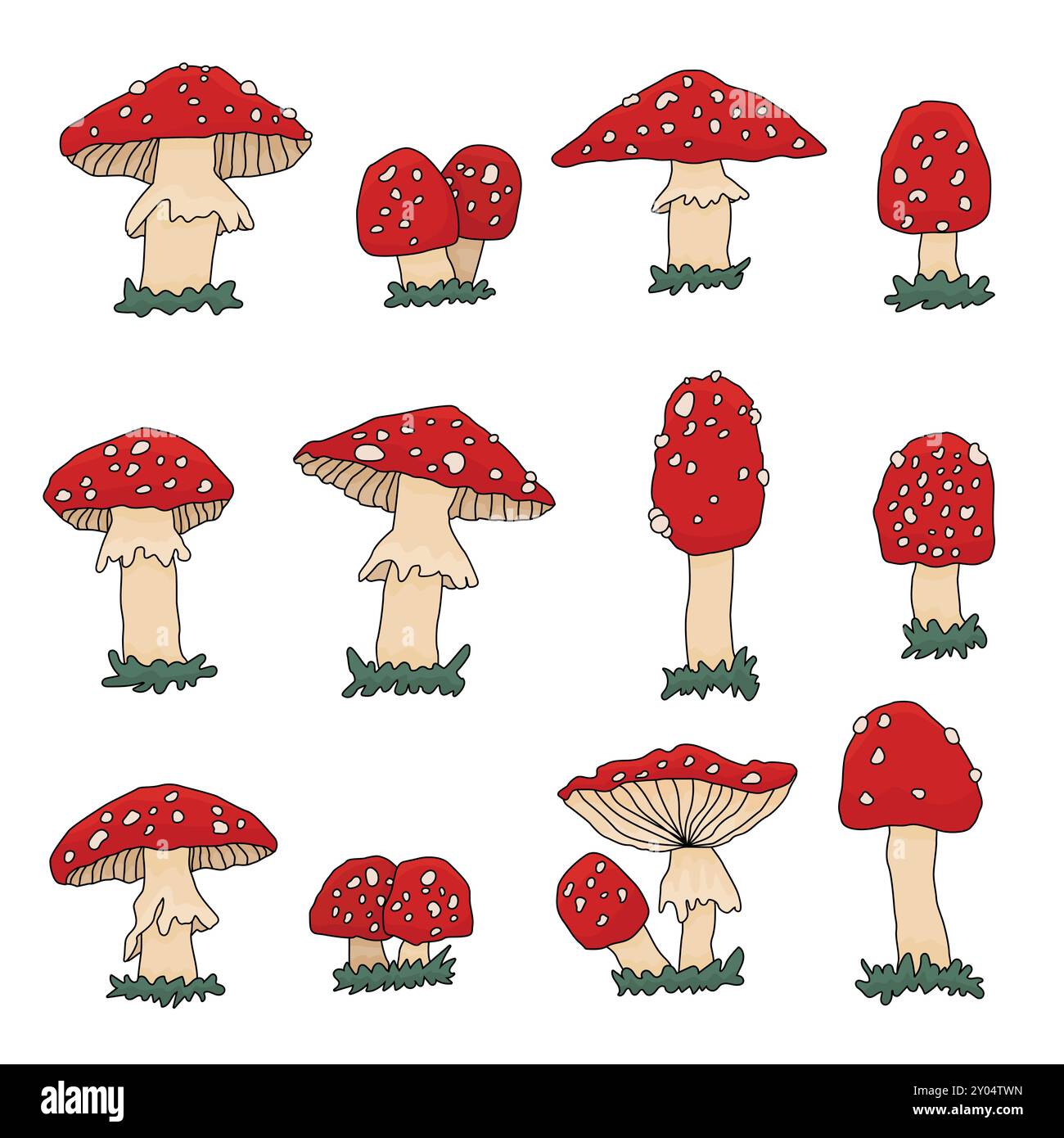 Big set of hand drawn amanita toadstool outline mushrooms. Vector collection of fly agaric doodle cartoon illustrations on a white background Stock Vector