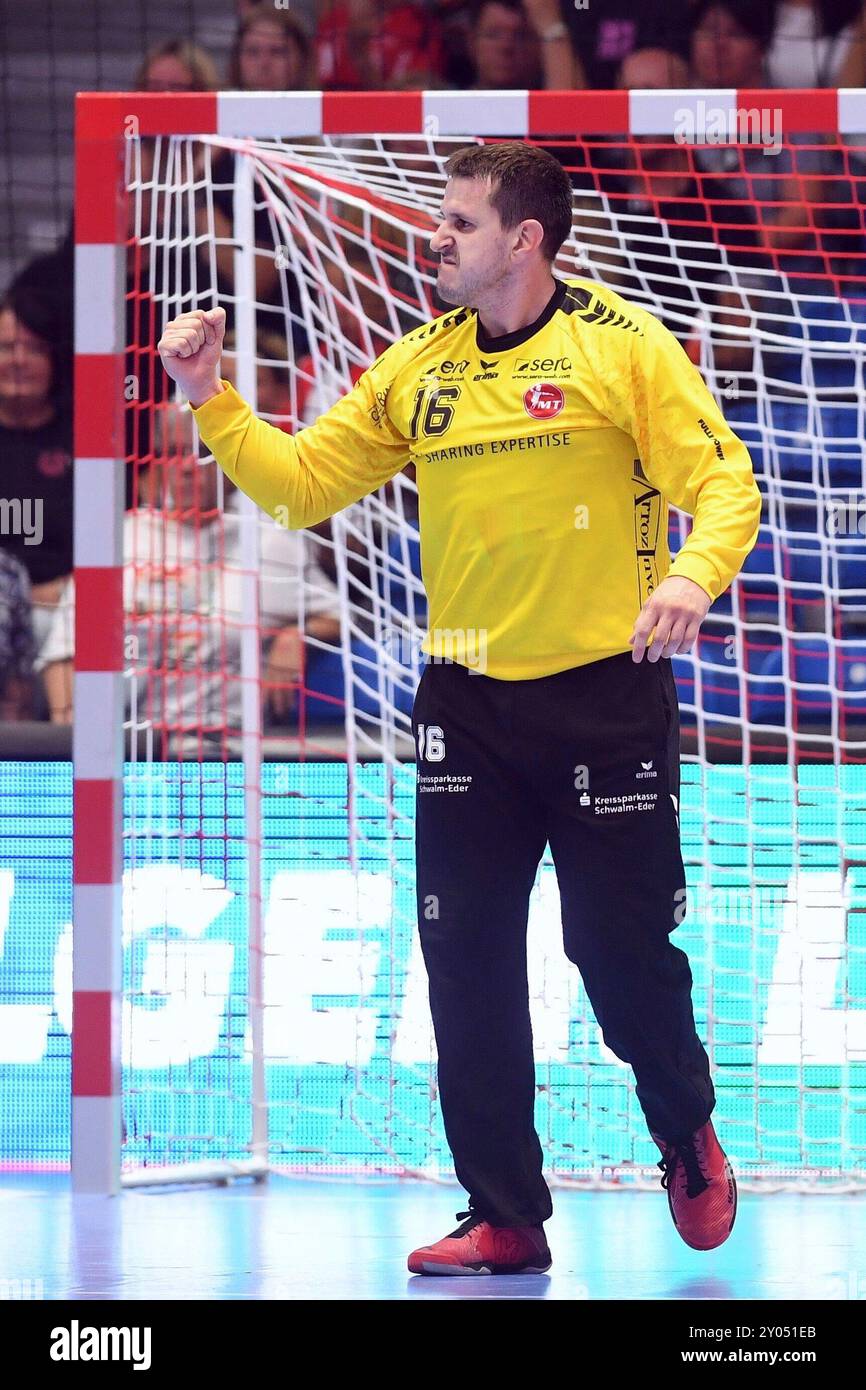 Jubel bei Nebojsa Simic (Torwart MT Melsungen #16), GER, MT Melsungen - Elverum Idrettslag (NOR)l, Handball, European League Qualification, Saison 2024-2025, 31.08.2024, Foto: Eibner-Pressefoto - Roland Sippel Stock Photo