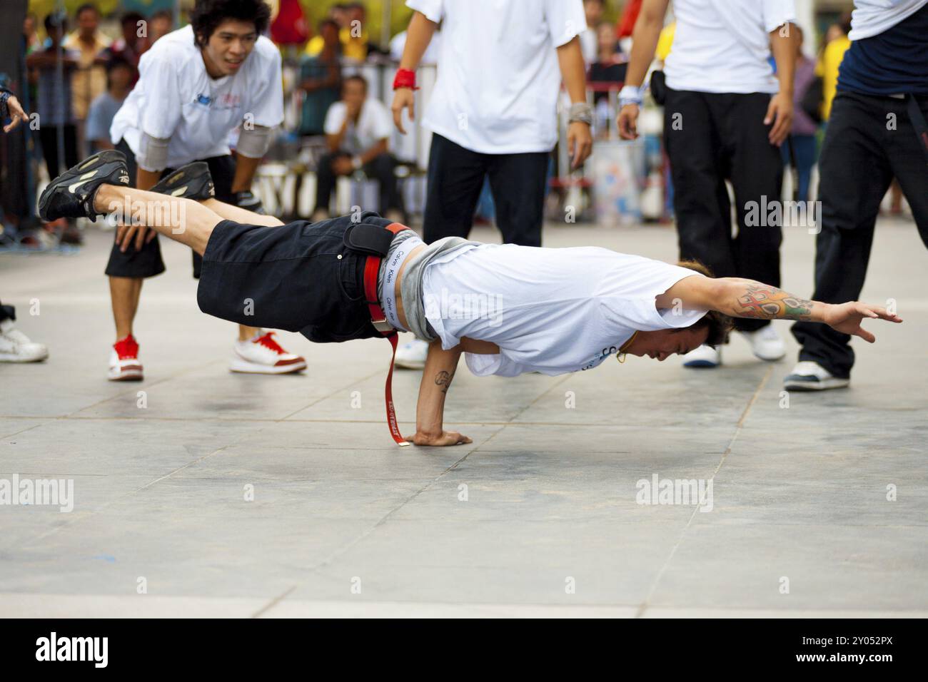 Bangkok, Thailand, April 16, 2007: A Thai male breakdancer performing ...