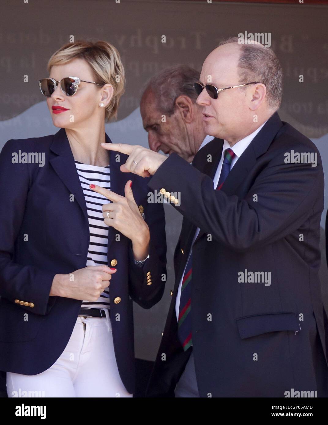 Princess Charlene and Prince Albert II of Monaco in the Prince's Box at the Monte-Carlo Country Club at the final of the Rolex Monte-Carlo Masters 100 Stock Photo